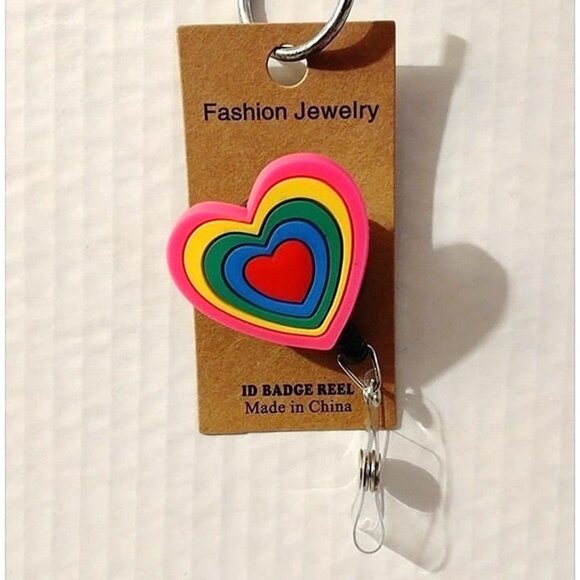 Fashion Jewelry Accessories - Rainbow Heart ID Badge Reel With Clip For Lanyard Or Keychain